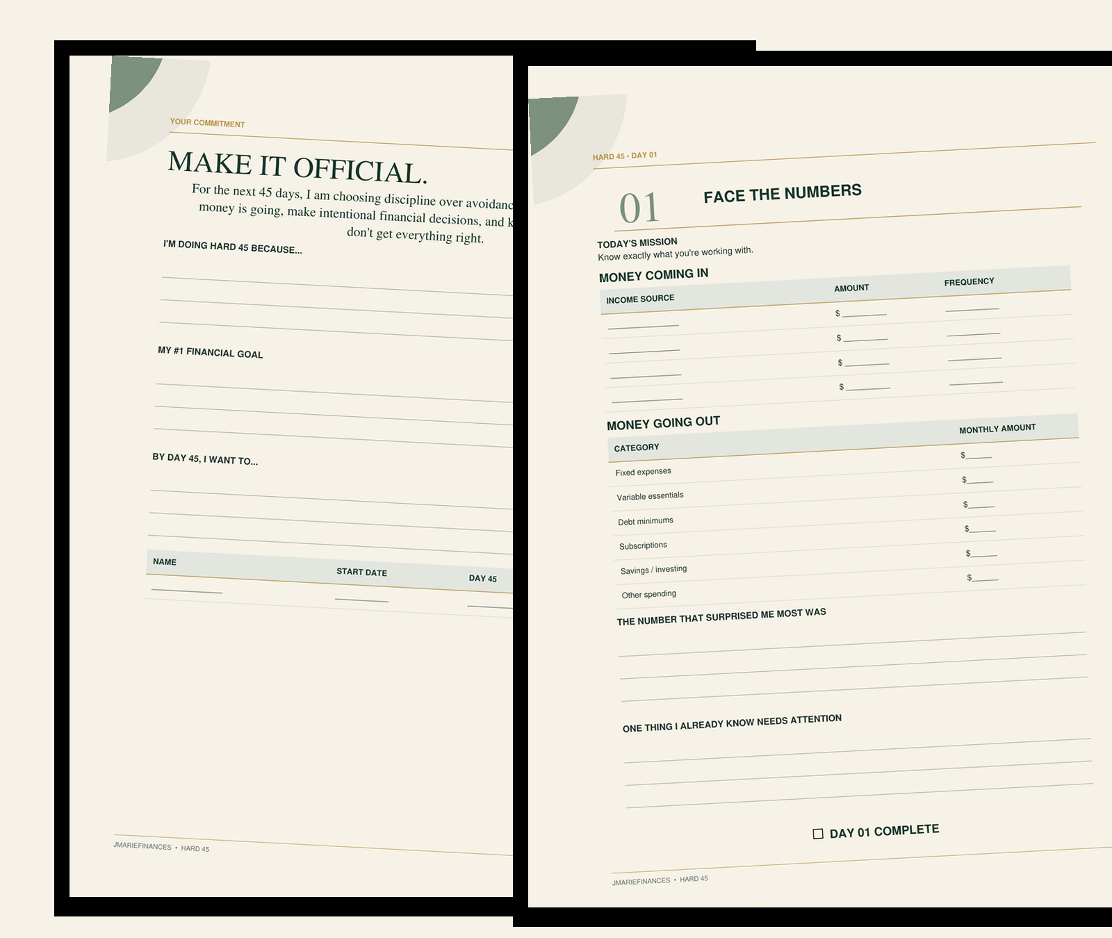 Hard 45 financial exercises, progress tracking, and reflection preview